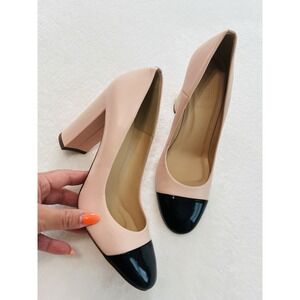 J. Crew Lena Blush Leather Pumps Shoes‎ Black Patent Cap Toe Block Heel Size 9